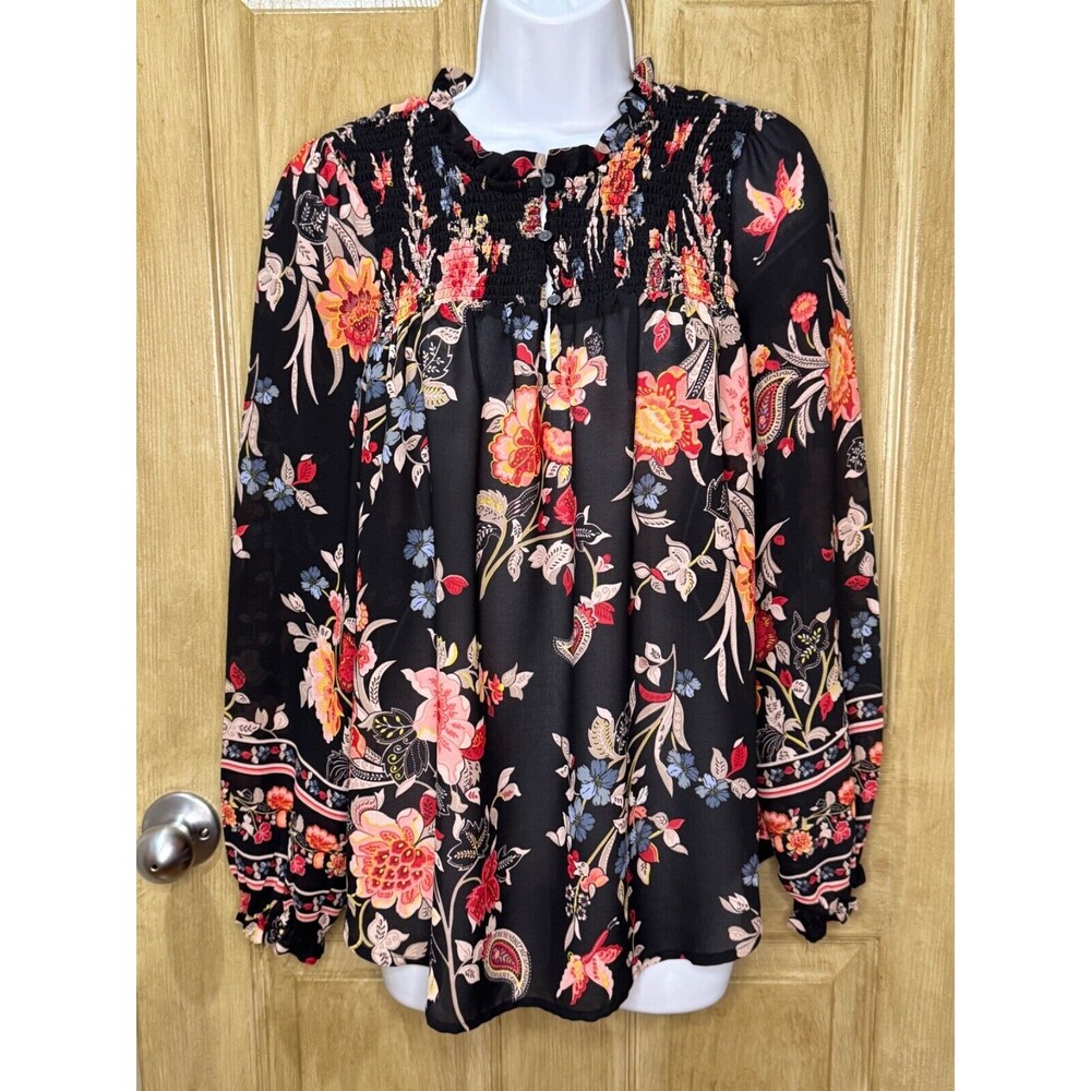 Ann Taylor LOFT Top Women's Size Med Black Floral Paisley Popover Sheer Blouse